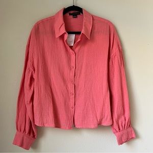 NWT Sanctuary Poet Soft Crinkle Cotton Woven Long-Sleeve Pink Coral Shirt